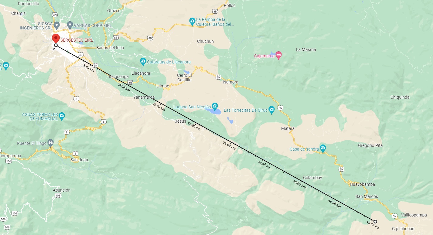 Mapa del enlace punto a punto entre Cajamarca y Milco - 45.5 Km